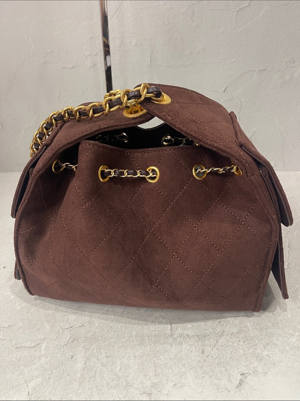 Quilted Drawstring Suede Shoulder Bag - Brown - Picture 3 of 7